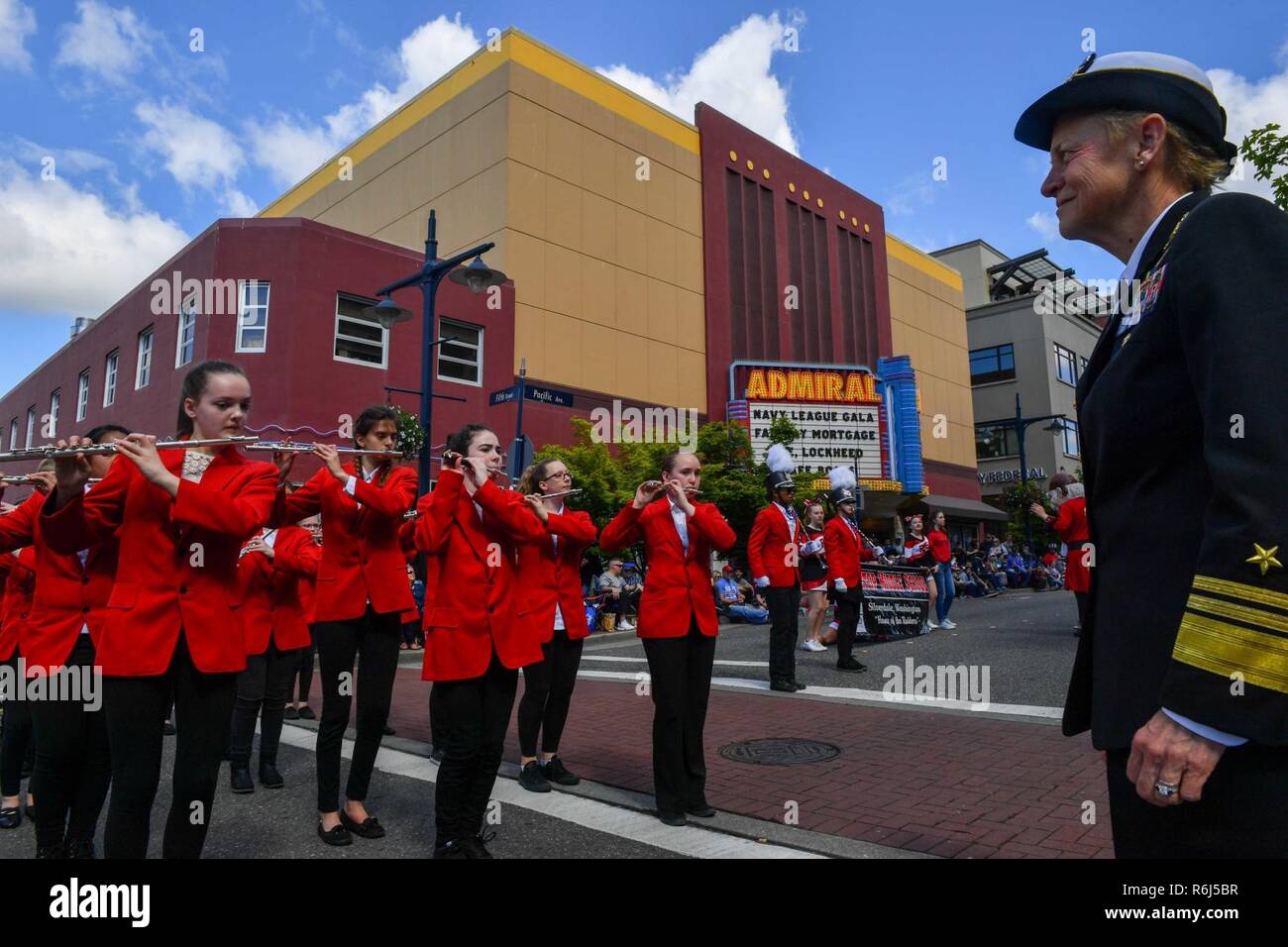 BREMERTON, Wash. (May 20, 2017) Vice Adm. Nora Tyson, commander, U.S. 3rd Fleet, observes Ridgetop Middle School Marching Band during the 69th annual Bremerton Armed Forces Day Parade in Bremerton, Washington.  During her visit to the Pacific Northwest, Tyson also visited Naval Base Kitsap and spoke with Sailors at various all hands calls. Bremerton Armed Forces Day Parade is the largest and longest running Armed Forces Day parade in the nation. Stock Photo