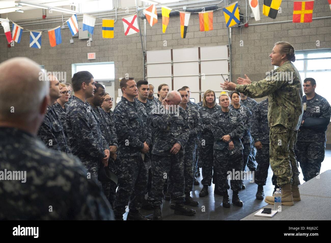 INDIANAPOLIS (May 20, 2017) Rear Admiral Linda Wackerman, Deputy Commander, U.S. Naval Forces Southern Command, 4th Fleet, visits with Sailors from Navy Operational Support Center Indianapolis during an Admirals Call. Wackerman who also serves as the flag mentor for NOSC Indianapolis, held an all-hands Q&A session for E-6 and below Sailors to address upcoming changes and get feedback regarding Navy-related issues they feel need to be improved. Stock Photo