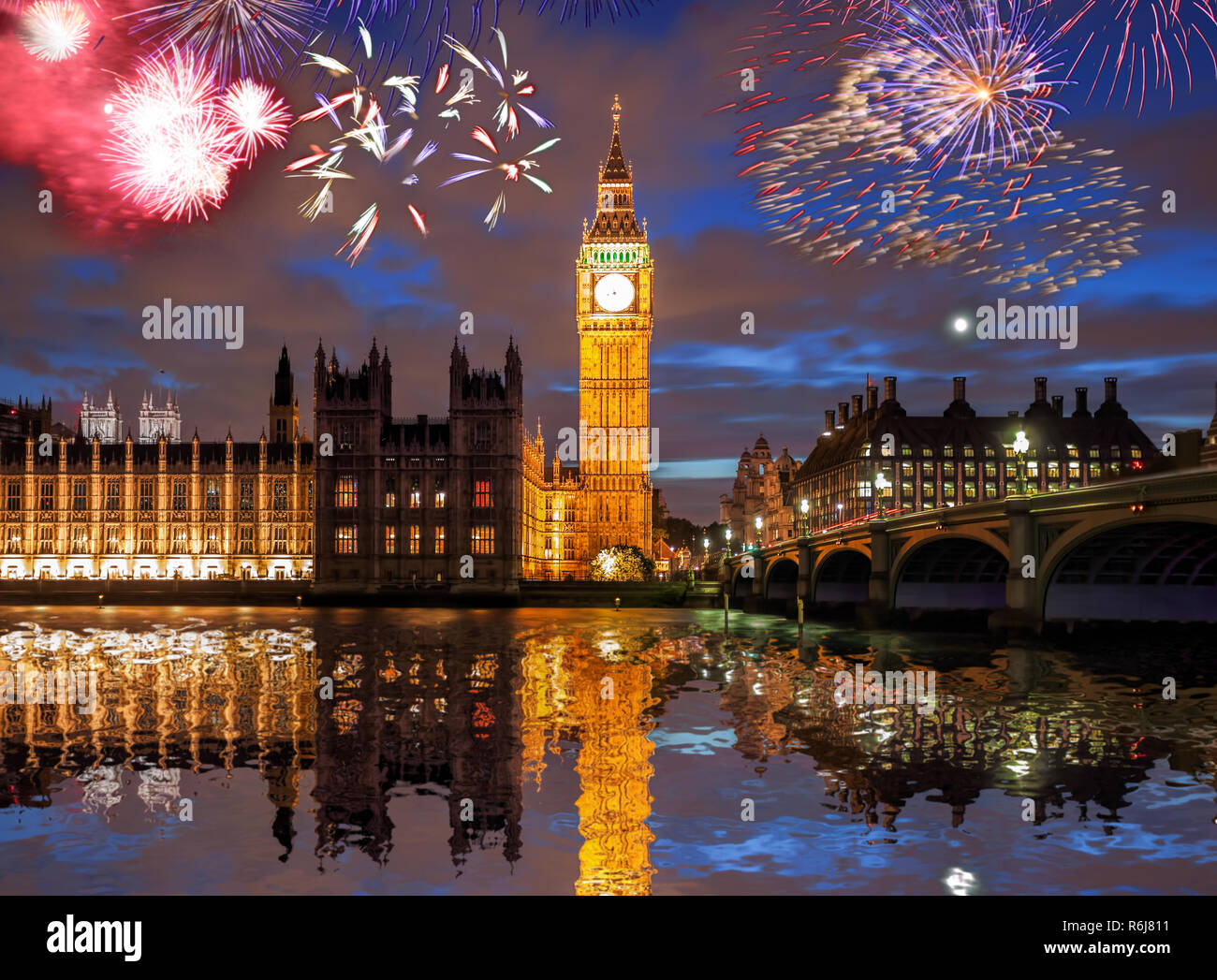 Big Ben with firework in London, England (celebration of the New Year) Stock Photo