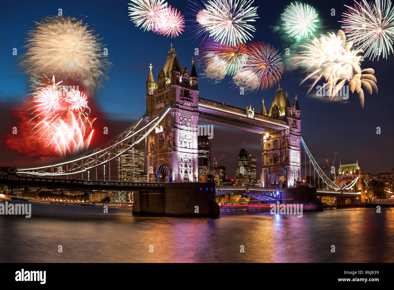 Tower Bridge with firework in London, England (celebration of the New Year) Stock Photo