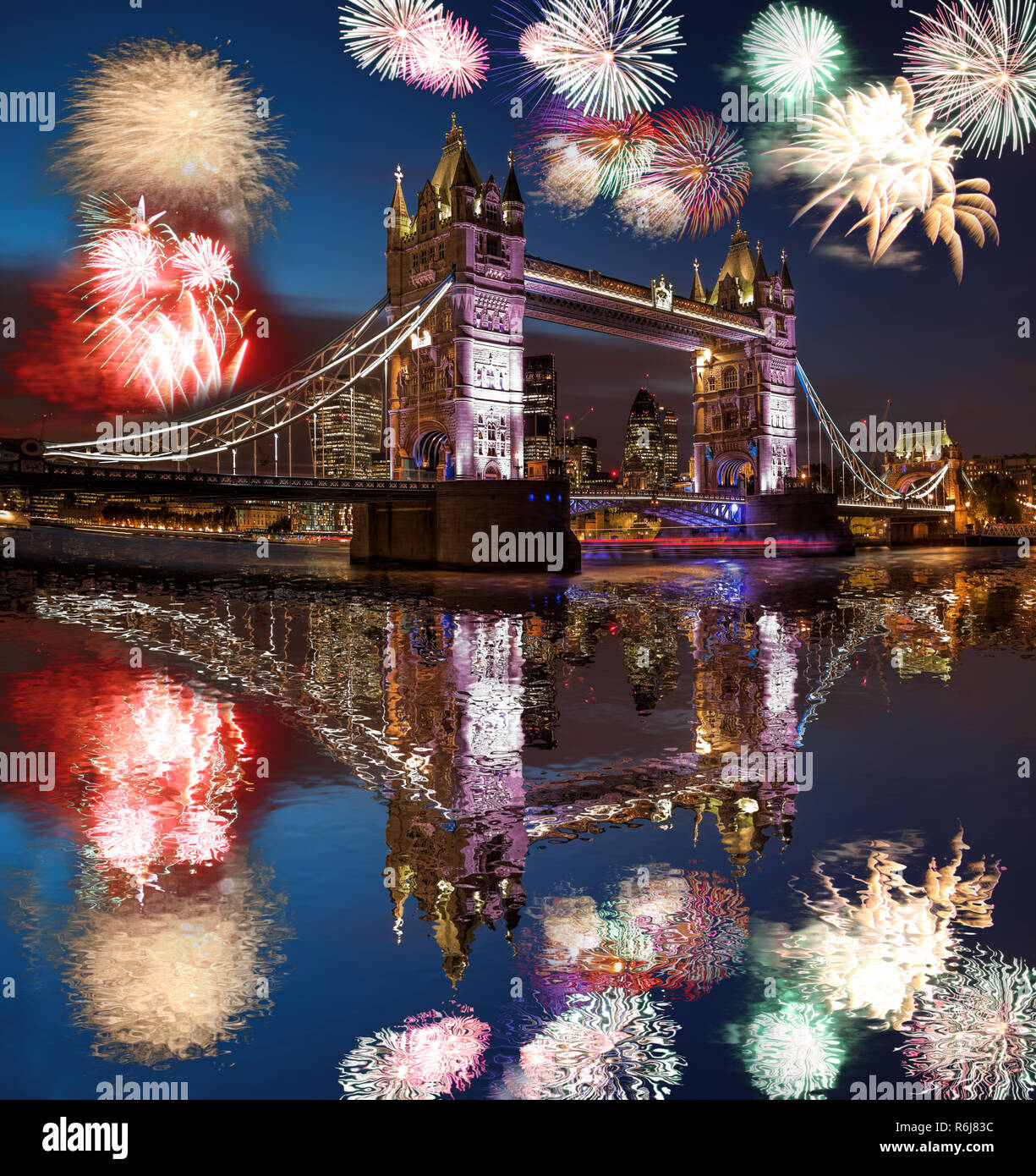 Tower Bridge with firework in London, England (celebration of the New Year) Stock Photo