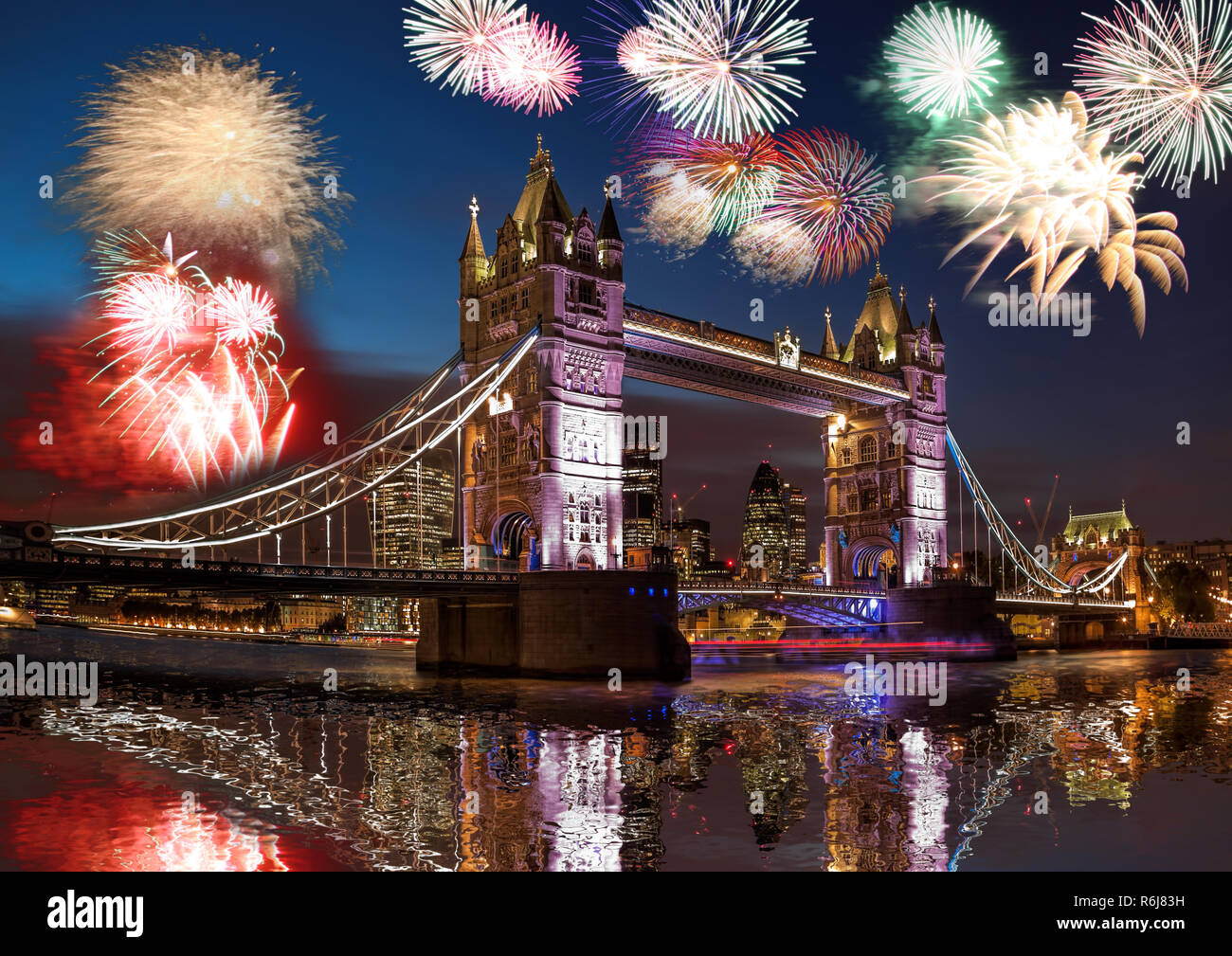 Tower Bridge with firework in London, England (celebration of the New Year) Stock Photo