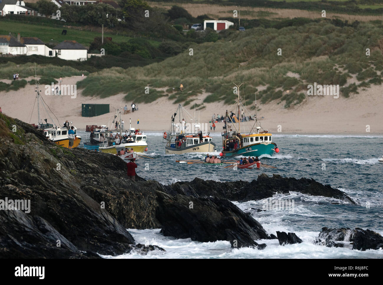 Gig rowing race, Atkinson Trophy, Gannel estuary to Newquay Harbour.UK. Stock Photo