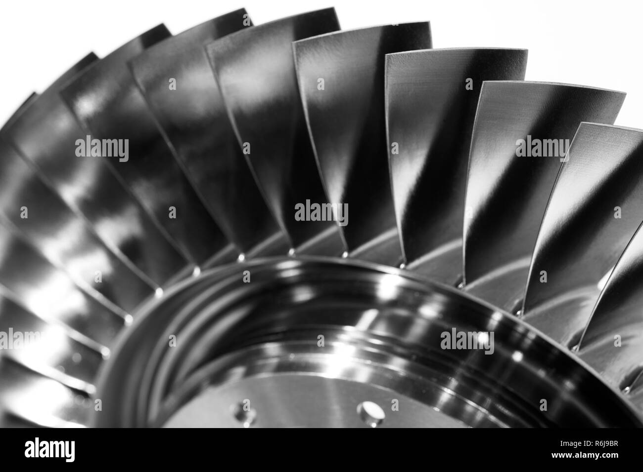 Steel blades of turbine propeller. Close-up view. In B/W. Selected focus on foreground Stock Photo
