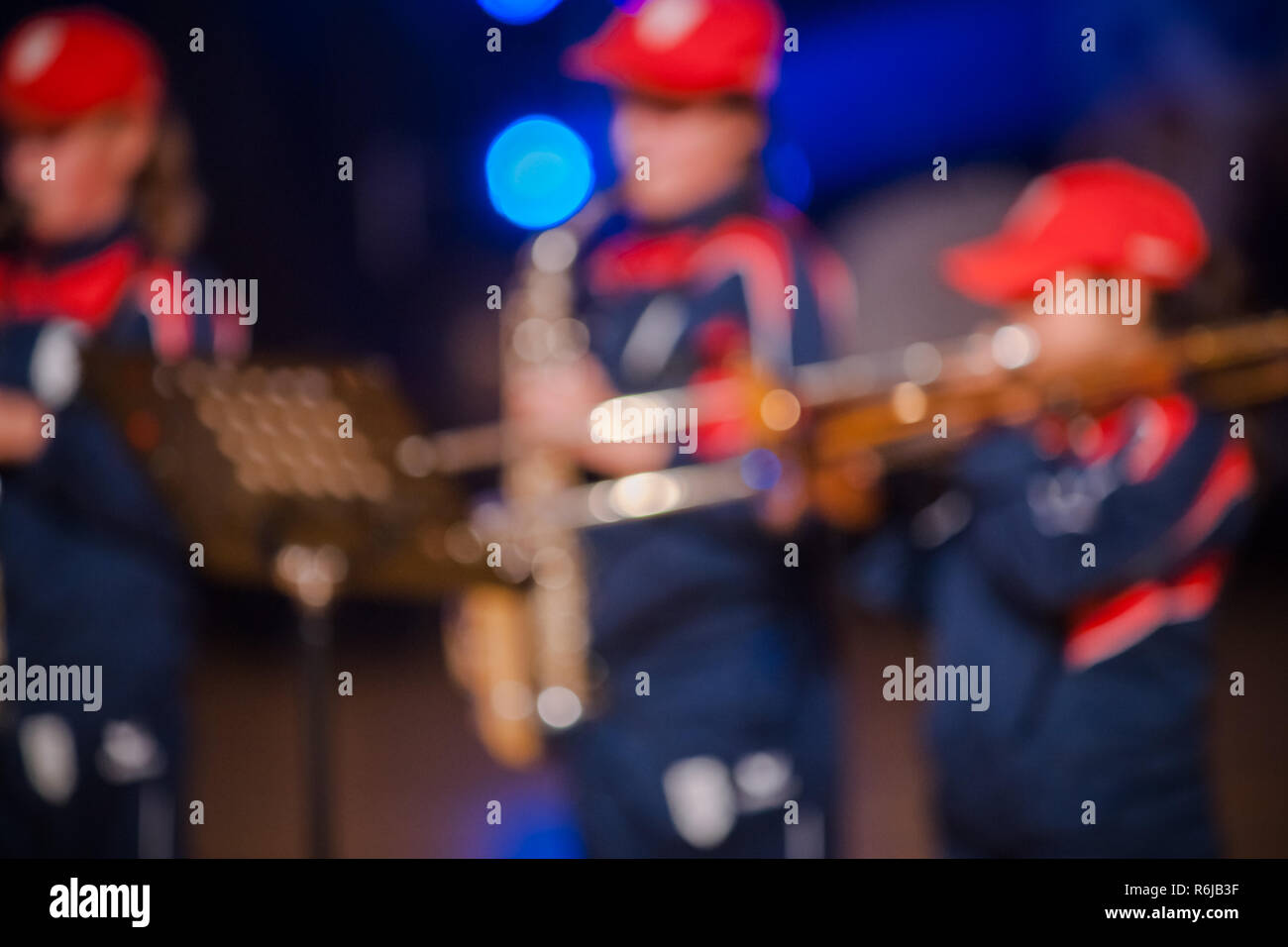 Details from a music, show and marching band. Playing musicians wind
