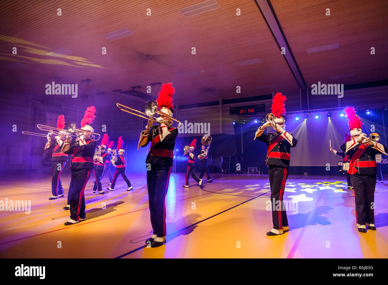 Details from a music, show and marching band. Playing musicians wind
