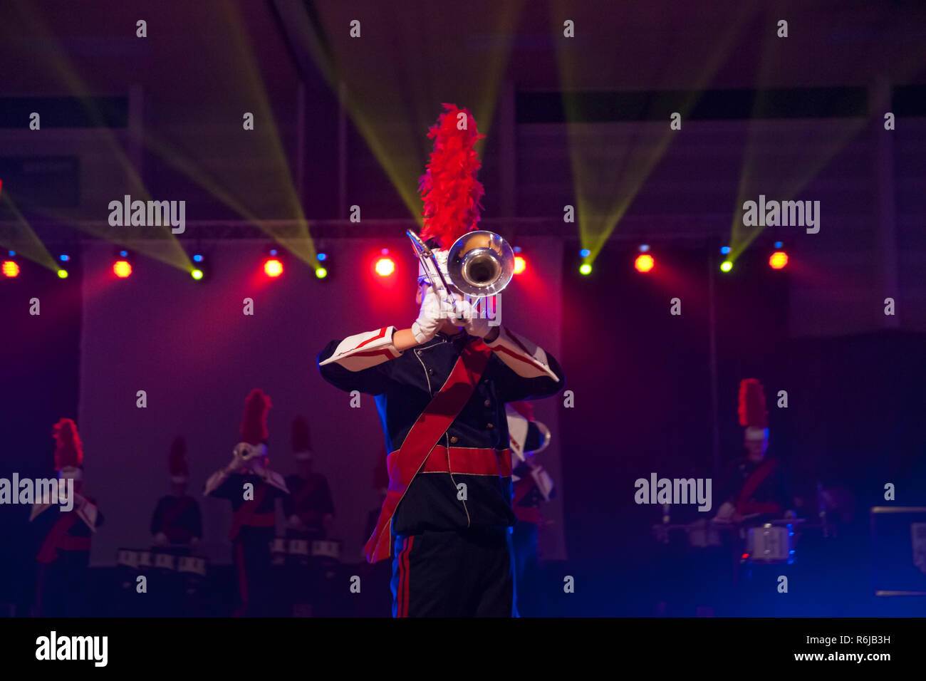 Details from a music, show and marching band. Playing musicians wind