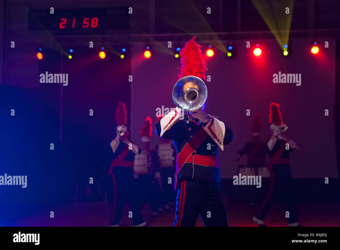 Details from a music, show and marching band. Playing musicians wind