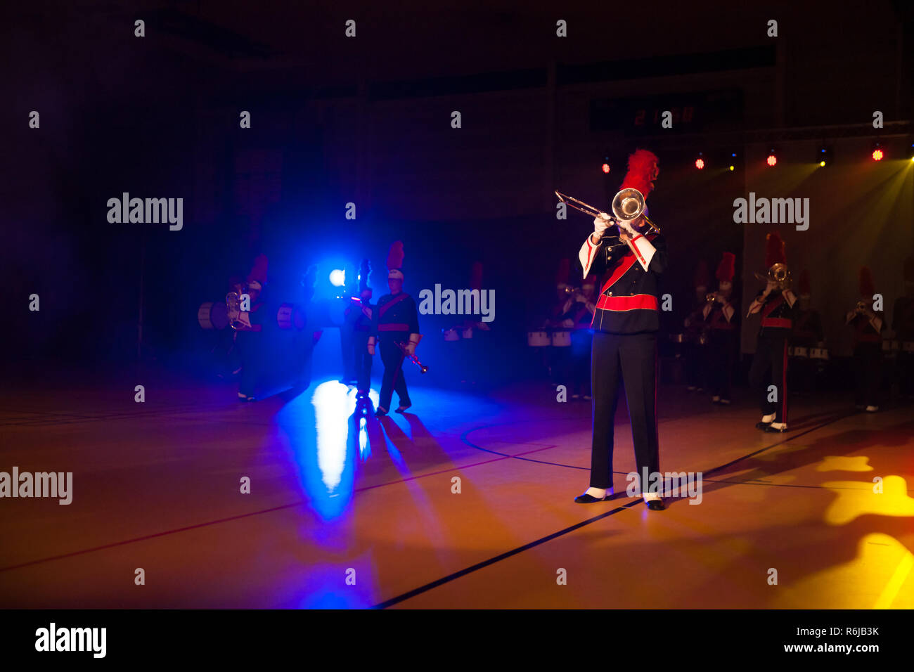 Details from a music, show and marching band. Playing musicians wind