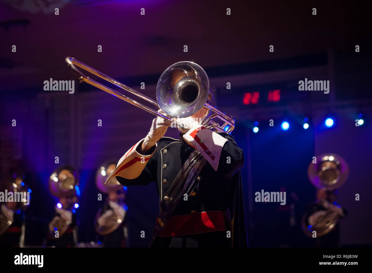 Details from a music, show and marching band. Playing musicians wind