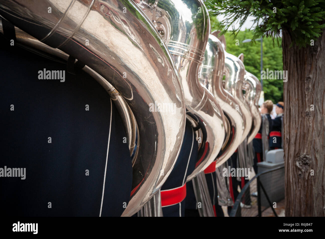 Details from a music, show and marching band. Playing musicians wind