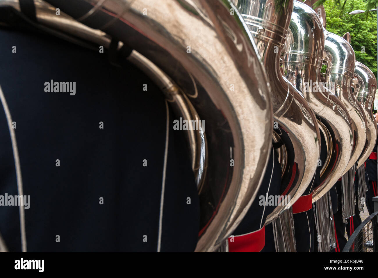 Details from a music, show and marching band. Playing musicians wind