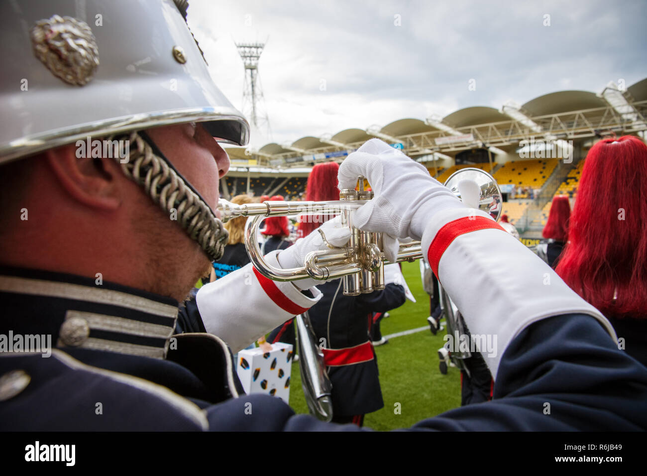 Details from a music, show and marching band. Playing musicians wind