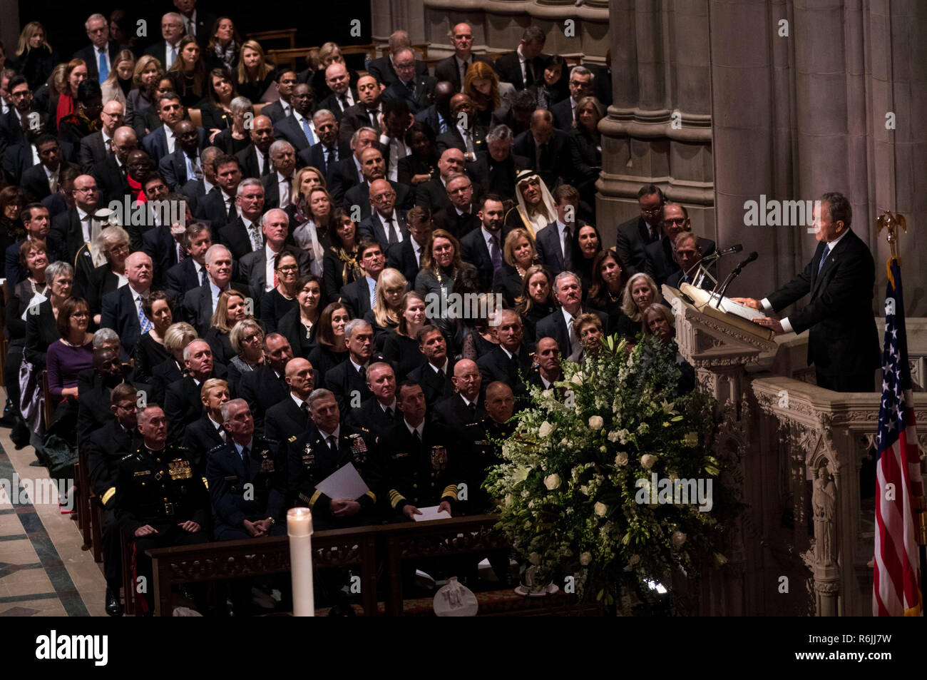 Former President George W. Bush during his eulogy of his father former president George Herbert Walker Bush during a memorial ceremony at the National Cathedral in Washington, Wednesday,  Dec.. 5, 2018.  Credit: Doug Mills / Pool via CNP | usage worldwide Stock Photo