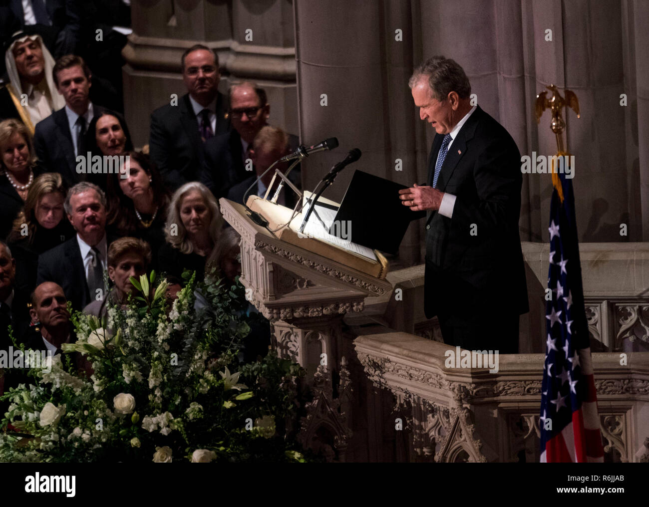 Former President George W. Bush during his eulogy of his father former president George Herbert Walker Bush during a memorial ceremony at the National Cathedral in Washington, Wednesday,  Dec.. 5, 2018.  Credit: Doug Mills / Pool via CNP | usage worldwide Stock Photo