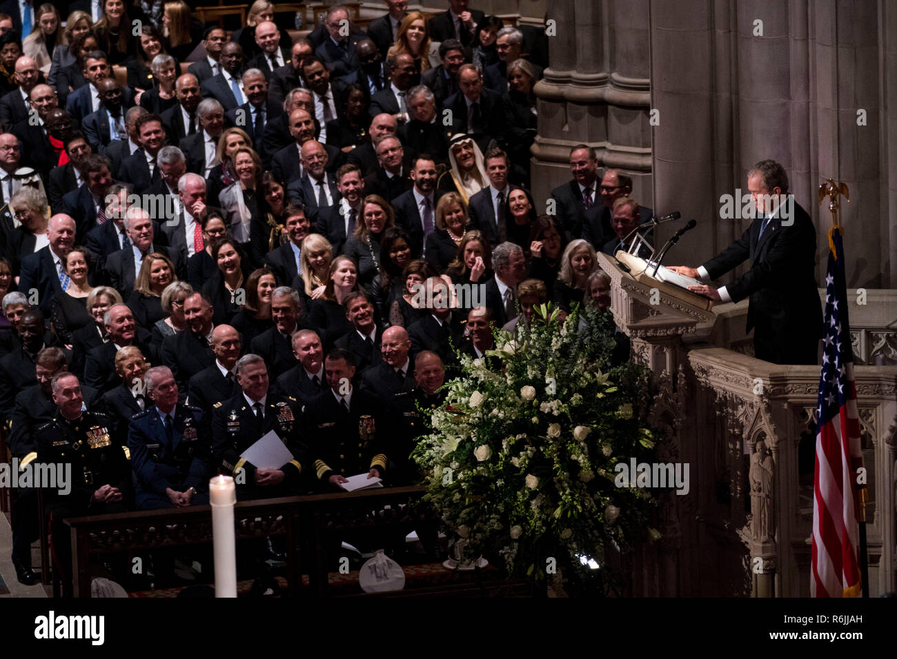 Former President George W. Bush during his eulogy of his father former president George Herbert Walker Bush during a memorial ceremony at the National Cathedral in Washington, Wednesday,  Dec.. 5, 2018.   Credit: Doug Mills / Pool via CNP | usage worldwide Stock Photo
