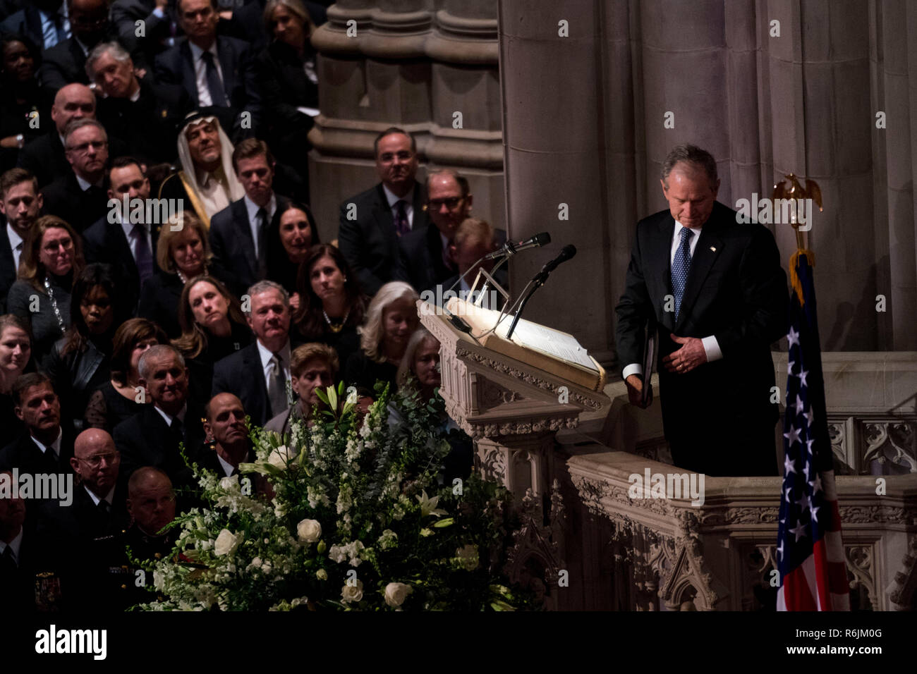 Former President George W. Bush during his eulogy of his father former president George Herbert Walker Bush during a memorial ceremony at the National Cathedral in Washington, Wednesday,  Dec.. 5, 2018.  Credit: Doug Mills / Pool via CNP / MediaPunch Stock Photo