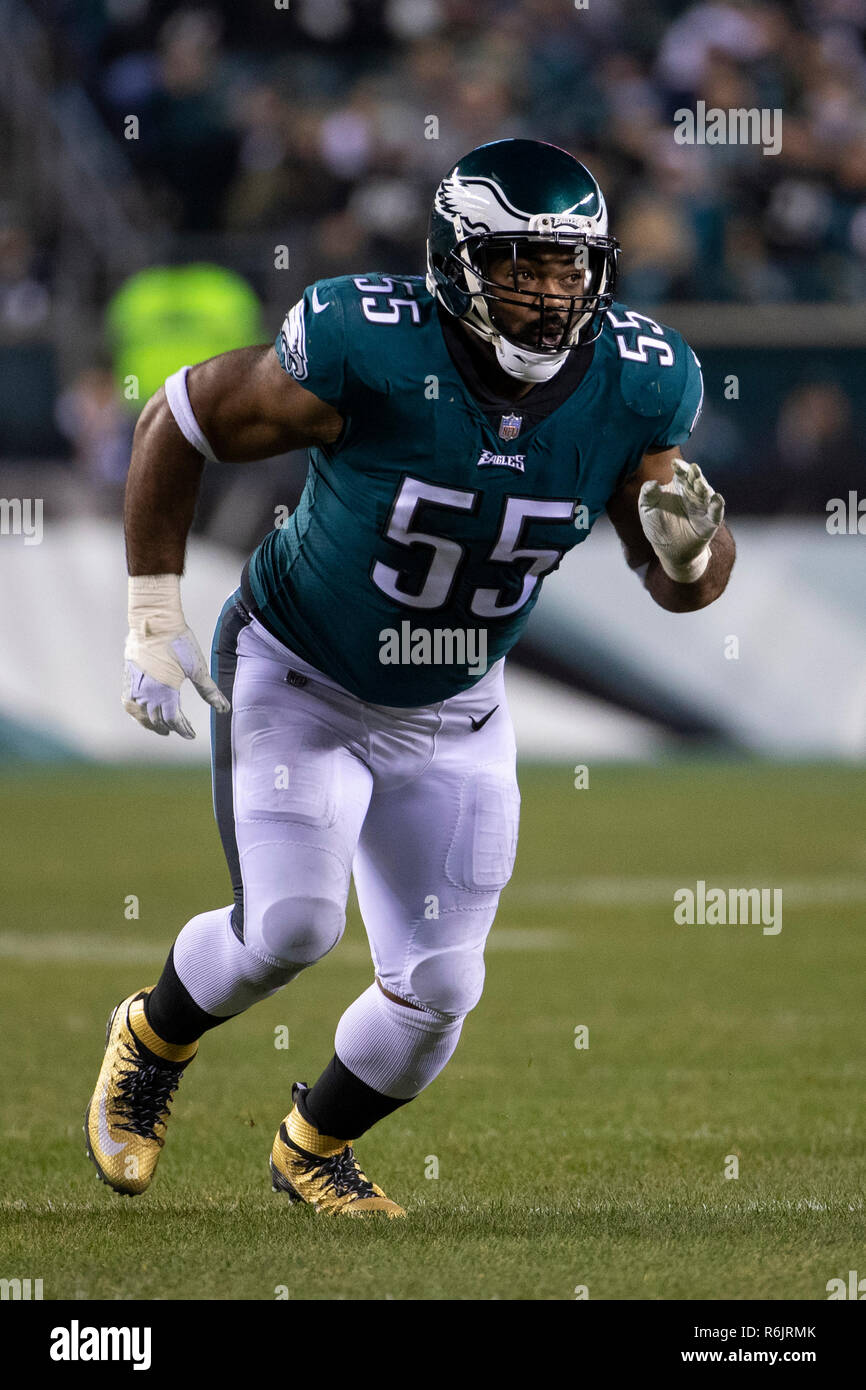 Philadelphia, Pennsylvania, USA. 3rd Dec, 2018. Philadelphia Eagles  defensive end Brandon Graham (55) reacts to his sack during the NFL game  between the Washington Redskins and the Philadelphia Eagles at Lincoln  Financial