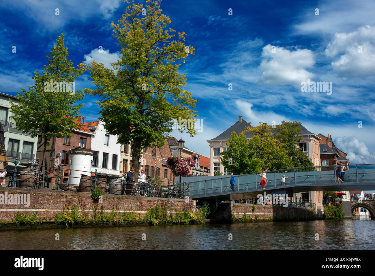 Boat trip in the Dijle River, Mechelen, Belgium. Romantic houses facade. Stock Photo