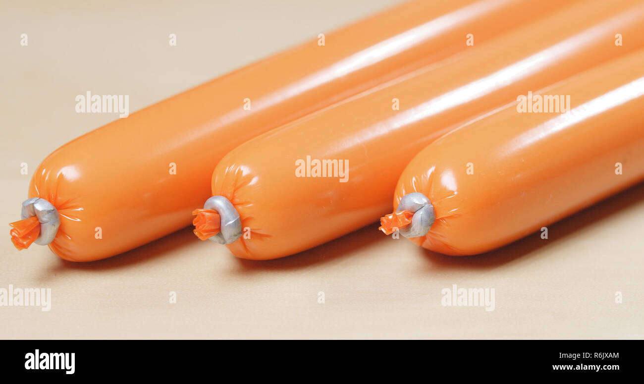 Snack Sausage with plastic wrapping Stock Photo Alamy
