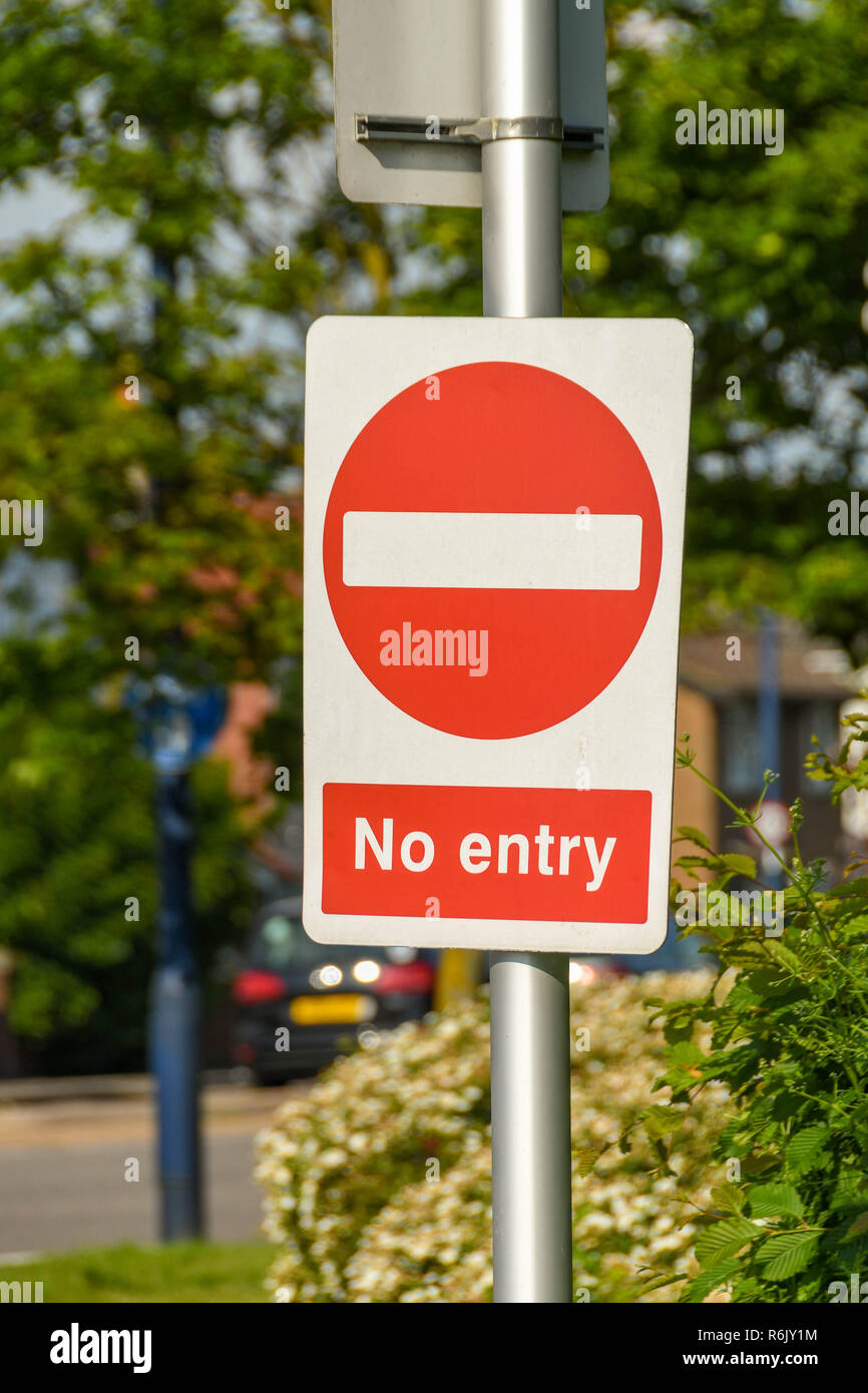 LONDON, ENGLAND - MAY 2018: 'No entry' road sign to prevent motorist from using the wrong entrance to a parking area Stock Photo