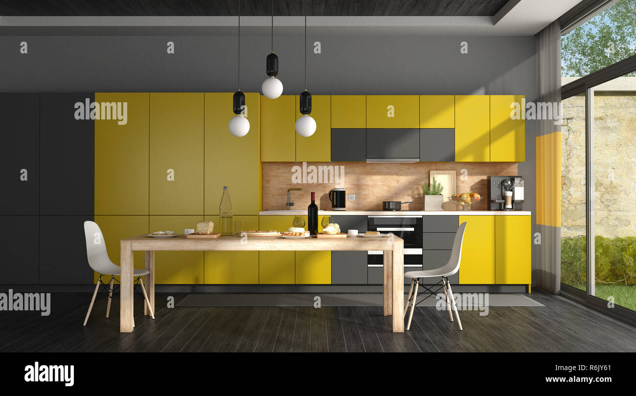 Black and yellow modern kitchen Stock Photo
