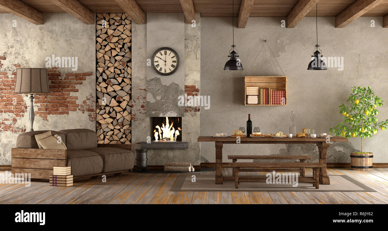 living room with fireplace in rustic style Stock Photo