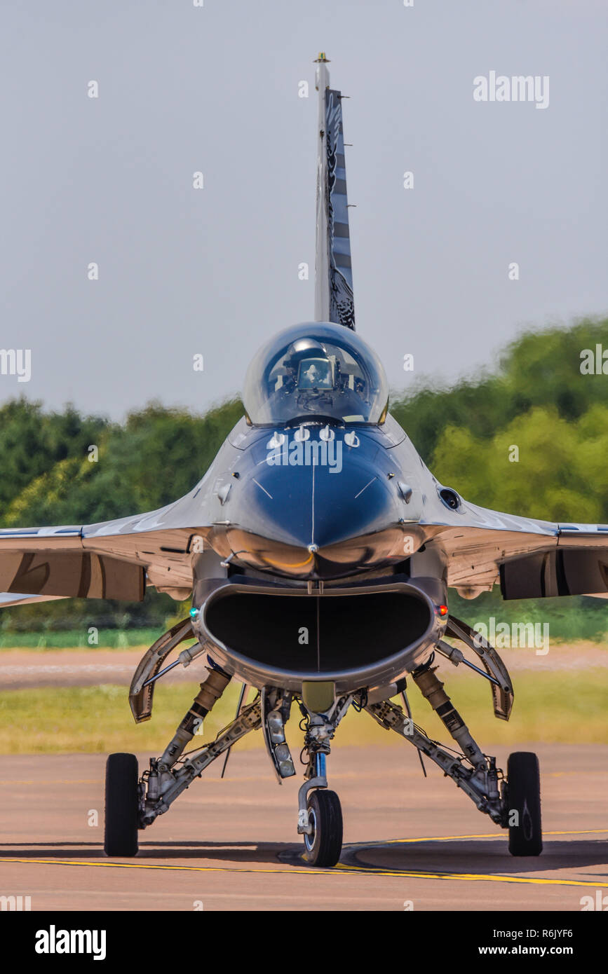 General Dynamics F-16 Fighting Falcon fighter jet plane at Royal International Air Tattoo, RIAT, RAF Fairford airshow. Lockheed F16 front, profile Stock Photo