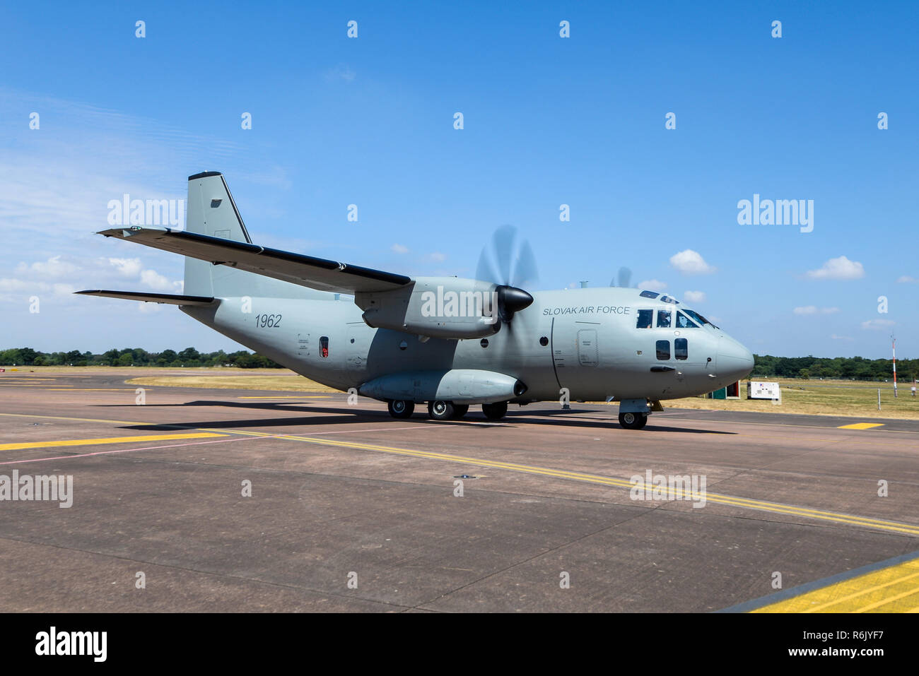 Slovak Air Force Alenia C-27J Spartan 1962 transport plane at Royal International Air Tattoo, RIAT, RAF Fairford air show. Taxiing Stock Photo