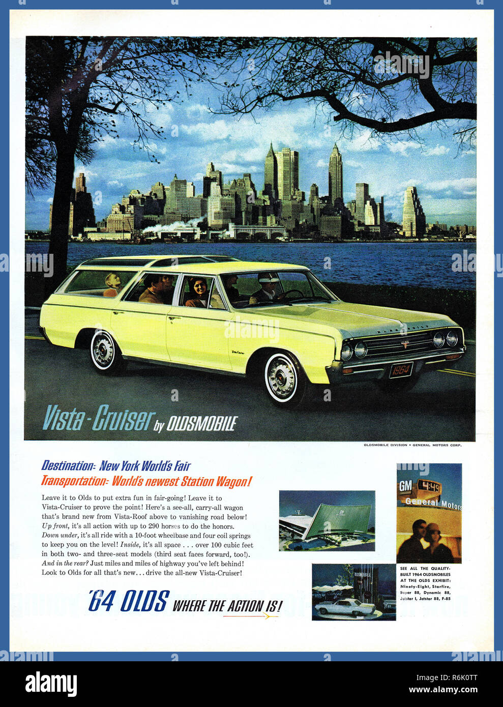 VISTA CRUISER OLDSMOBILE Vintage American Automobile Press Advertisement 1960's coinciding with New York Worlds Fair. New York City Manhattan in background  The Oldsmobile Vista Cruiser 1964 '64 OLDS a station wagon manufactured and marketed by Oldsmobile over three generations from 1964 to 1977. Stock Photo