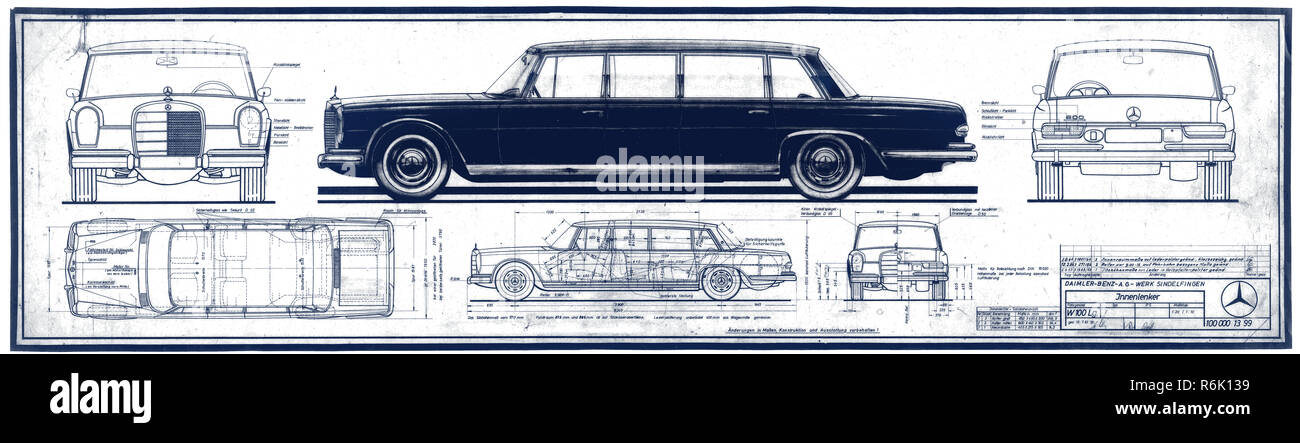 Vintage 1960's Mercedes-Benz 600 Blueprint scale technical working drawing for the long wheelbase 4-door Mercedes Pullman limousine (with two additional rear-facing seats separated from the driver compartment A high-end large luxury sedan and limousine produced by Mercedes-Benz from 1963 to 1981. Stock Photo