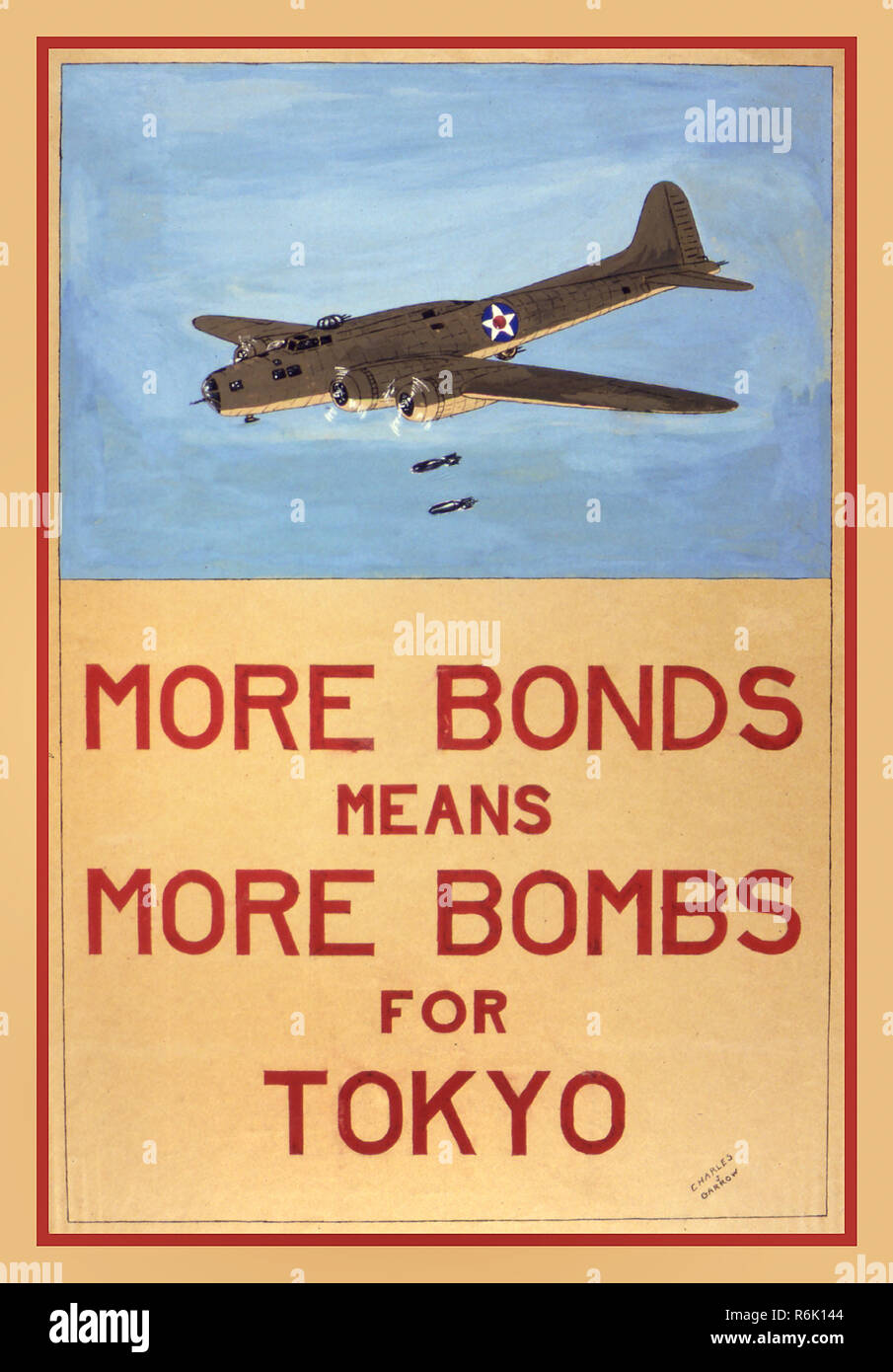 Vintage WW2 American Japanese War propaganda poster USA Office for Emergency Management. War Production Board. “More Bonds Means More Bombs For Tokyo” circa 1942 featuring an American B17 Bomber Aircraft dropping bombs on Tokyo Japan World War II. Pre-production Artwork Stock Photo