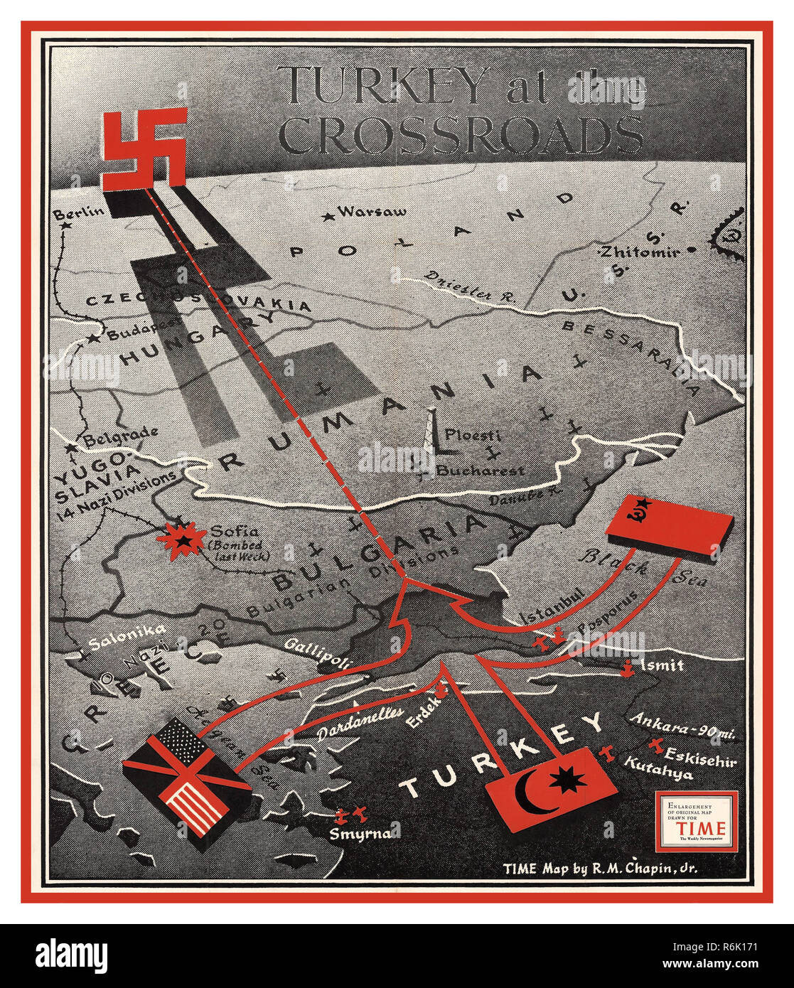 Vintage WW2 1943 press article ‘Turkey at the Crossroads’,with red Swastika casting shadow over Eastern Europe, published in Time Magazine DEC 20th 1943 Turkey remained neutral until the final stages of World War II and tried to maintain an equal distance between both the Axis and the Allies until February 1945, when Turkey entered the war on the side of the Allies against Germany and Japan. Stock Photo