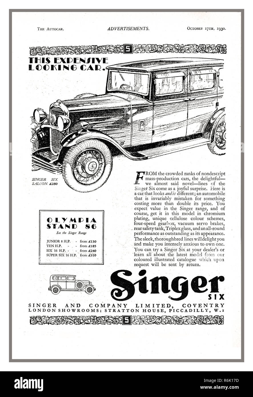 Vintage British Motor Car Press Advertisement Singer Junior Ten 10 Six 6 Motor Car models Autocar Advert 1930 Motor Show advertisement for Singer Motor Car Model range. Coventry UK Stock Photo