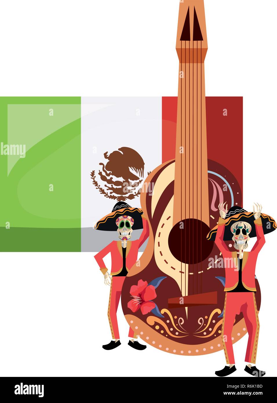 skeletons with guitar and flag day of the dead vector illustration
