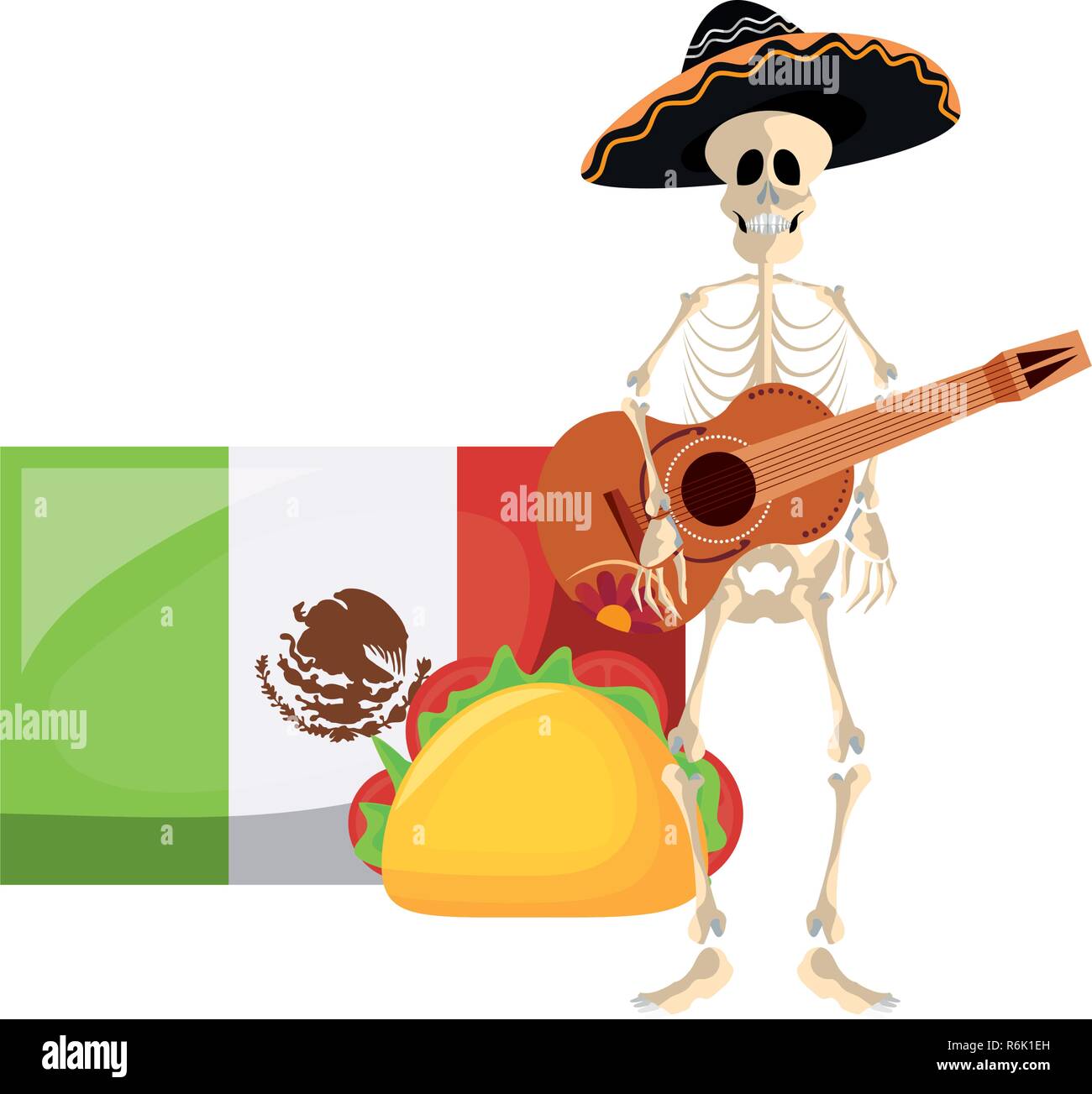 skeleton with guitar and flag day of the dead vector illustration Stock