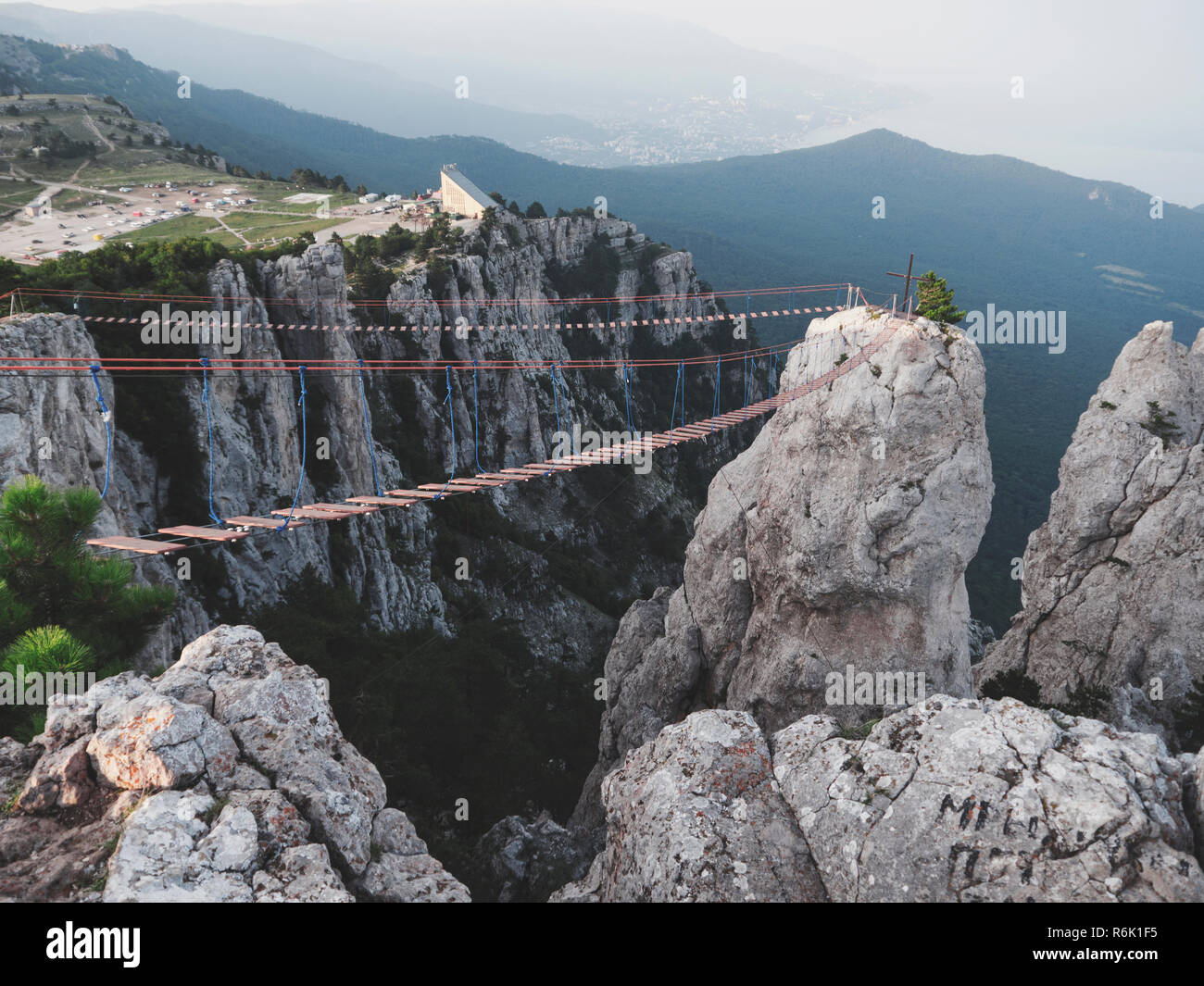 The high cable briges in the peak of Ai-Petri mountain, Crimea Stock Photo