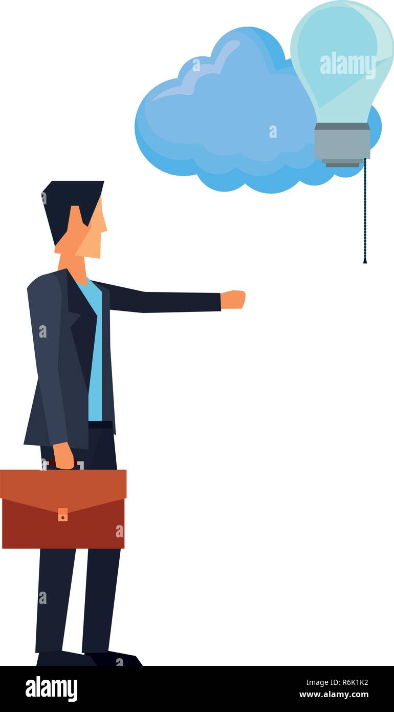 businessman holding briefcase with cloud and bulb vector illustration