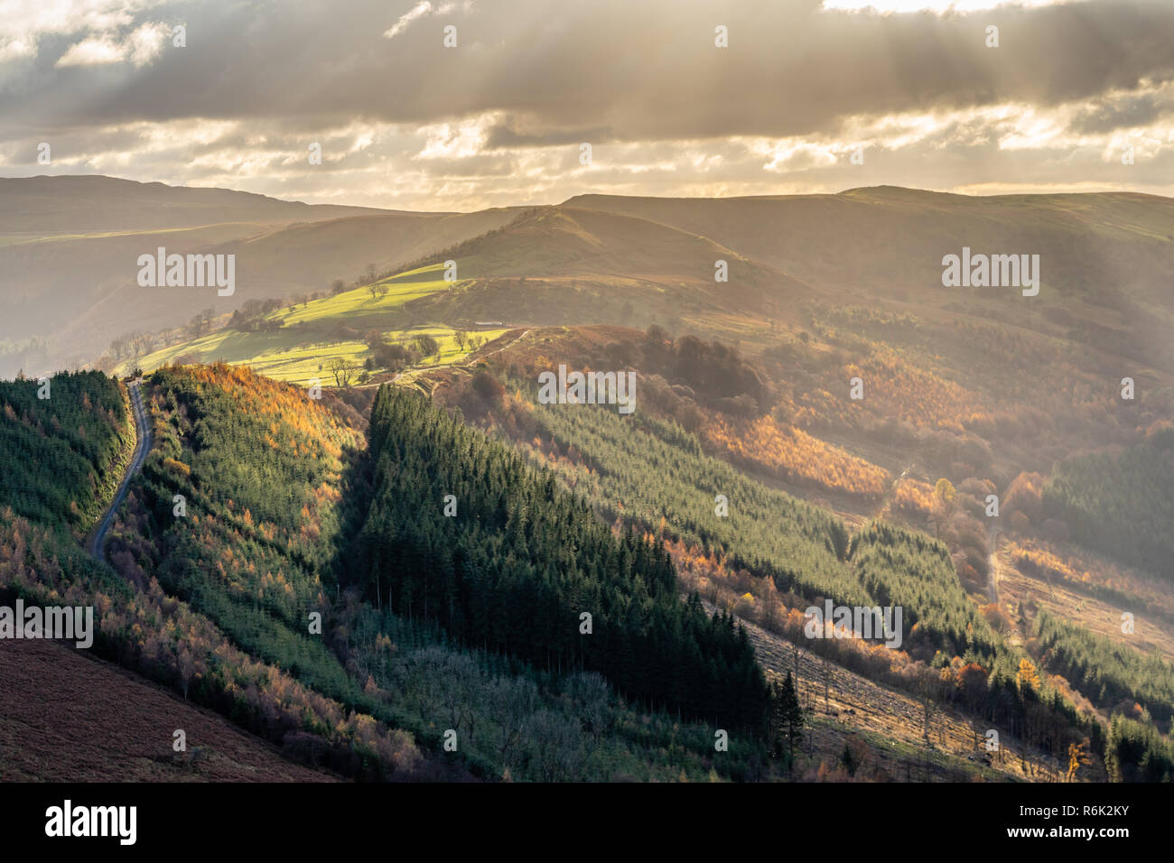 Scenic view across the landscape as seen from Tor-y-foel mountain in the Brecon Beacons National Park during autumn, Powys, Wales. UK Stock Photo