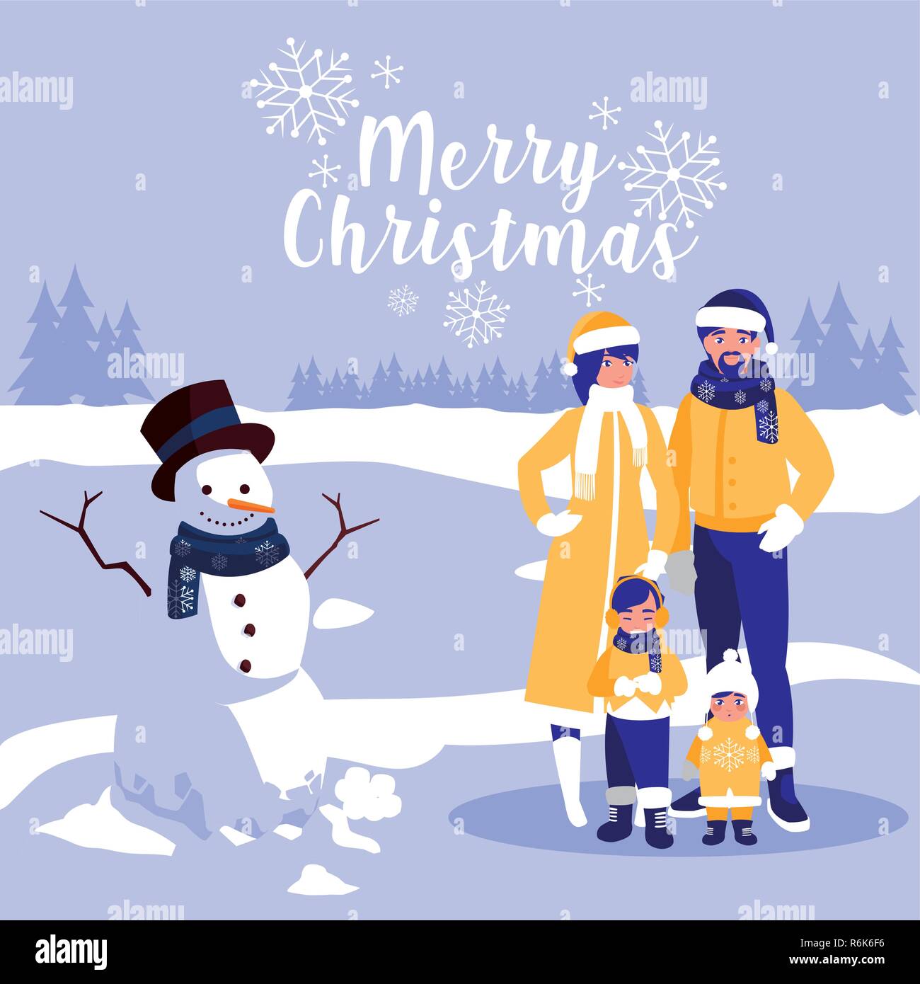 group of family with clothes christmas in winter landscape vector ...