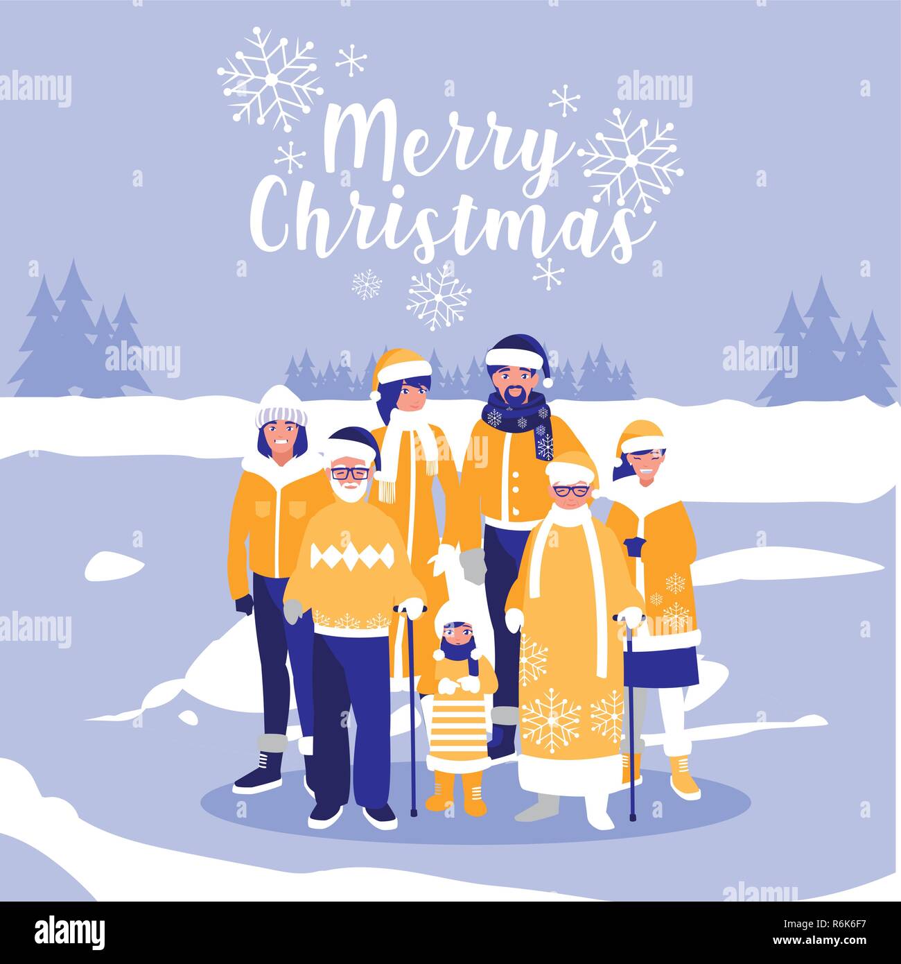group of family with clothes christmas in winter landscape vector ...