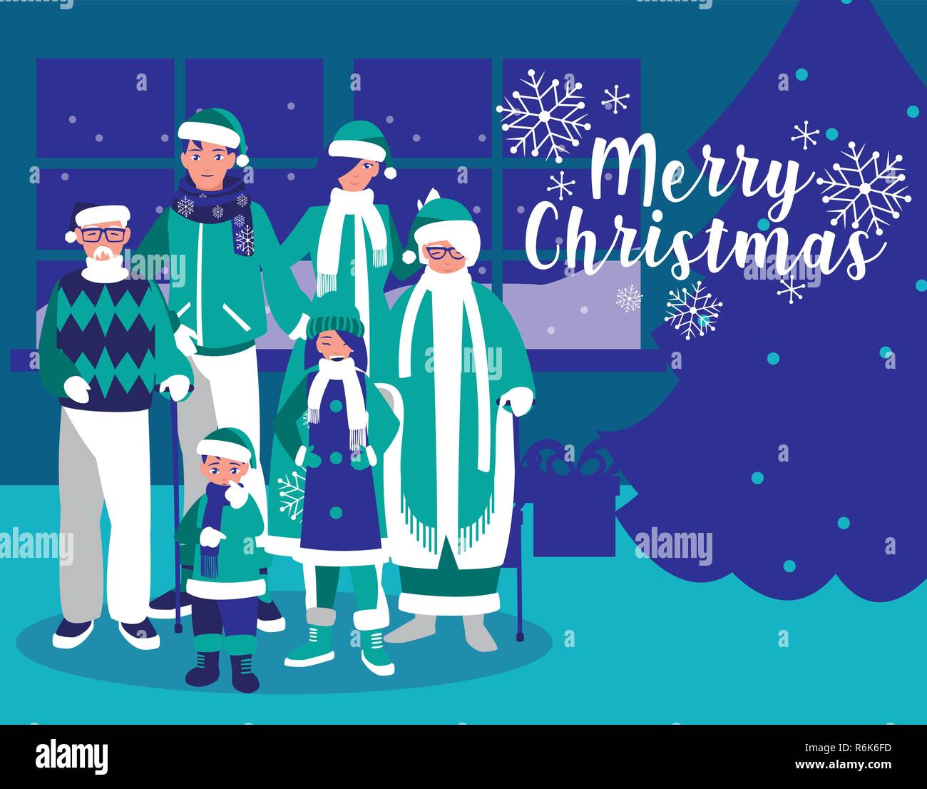 group of family with clothes christmas in house vector illustration ...