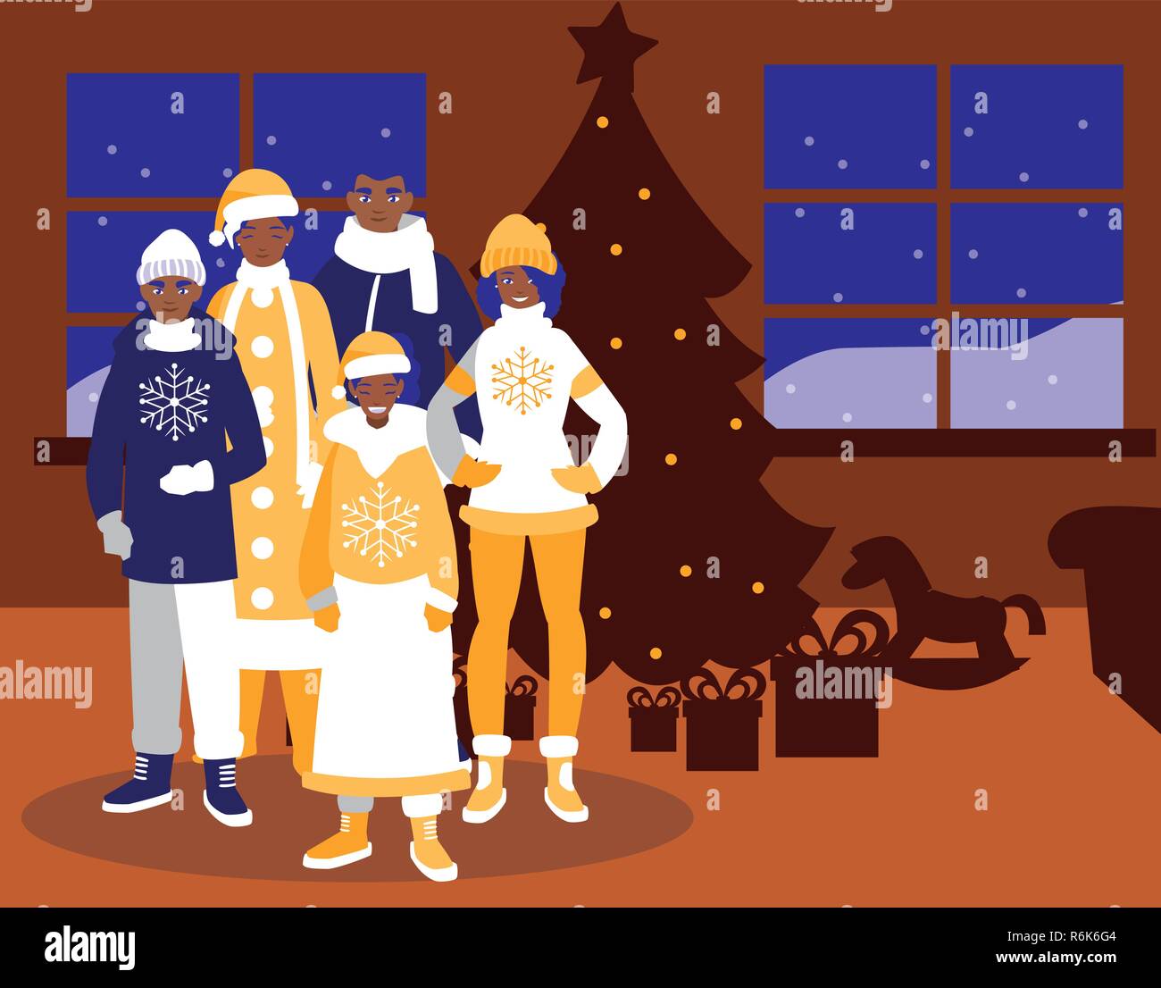 group of family with clothes christmas in house vector illustration ...