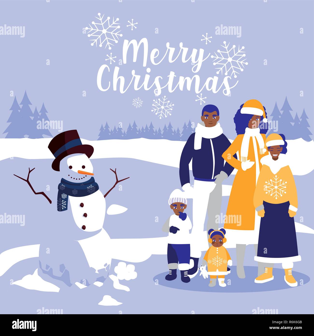 family black with clothes christmas in winter landscape vector ...
