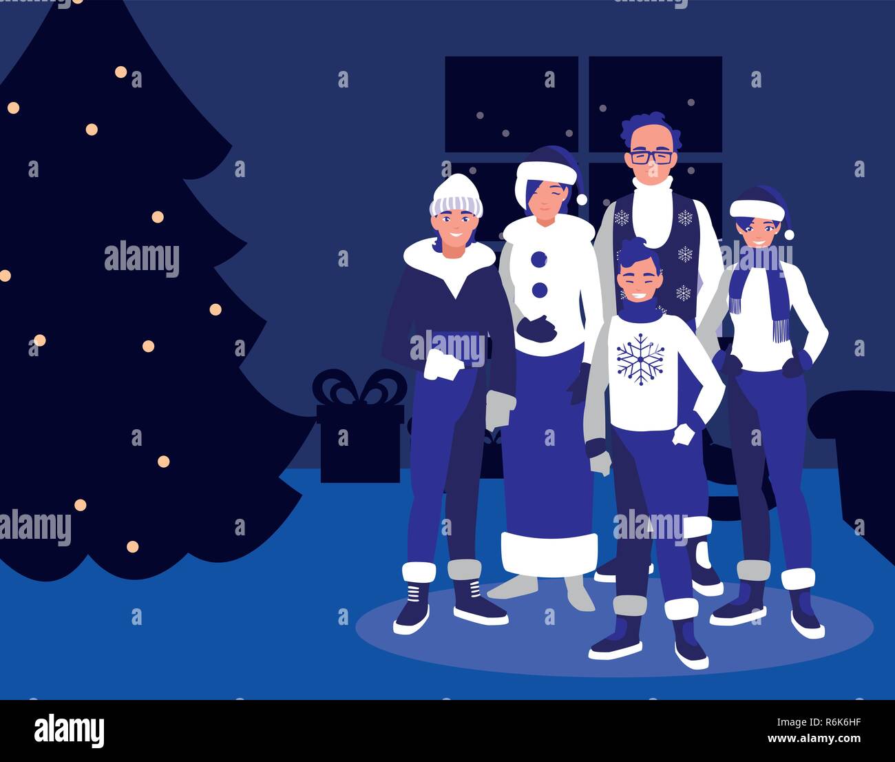 group of family with clothes christmas in house vector illustration ...