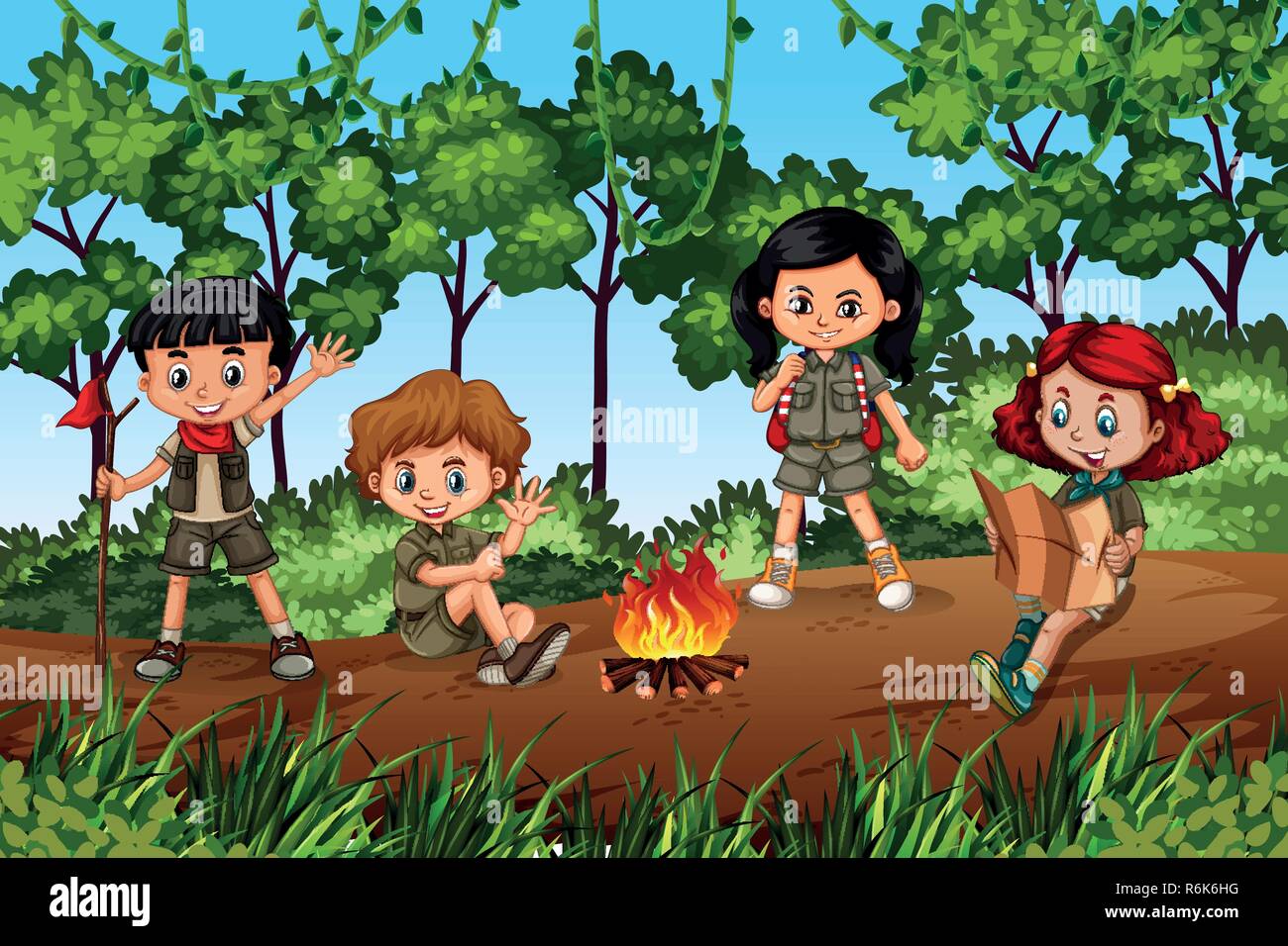 Children camping in forest illustration Stock Vector Image & Art - Alamy