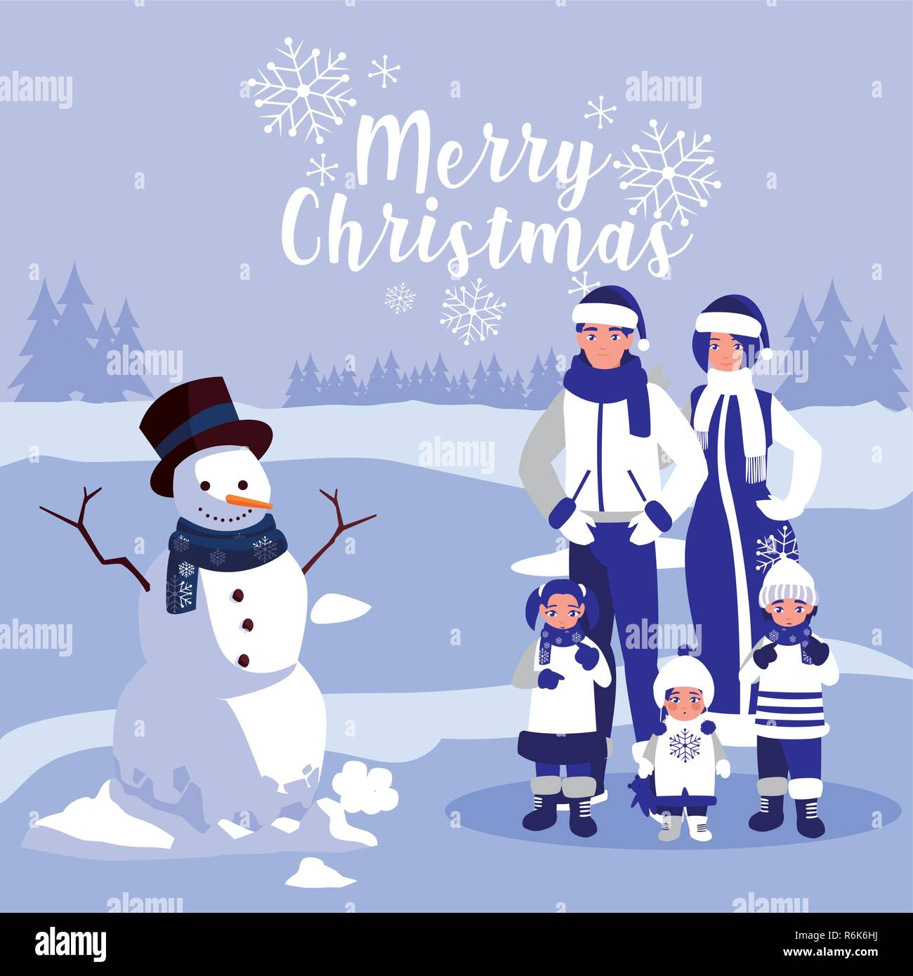 group of family with clothes christmas in winter landscape vector ...