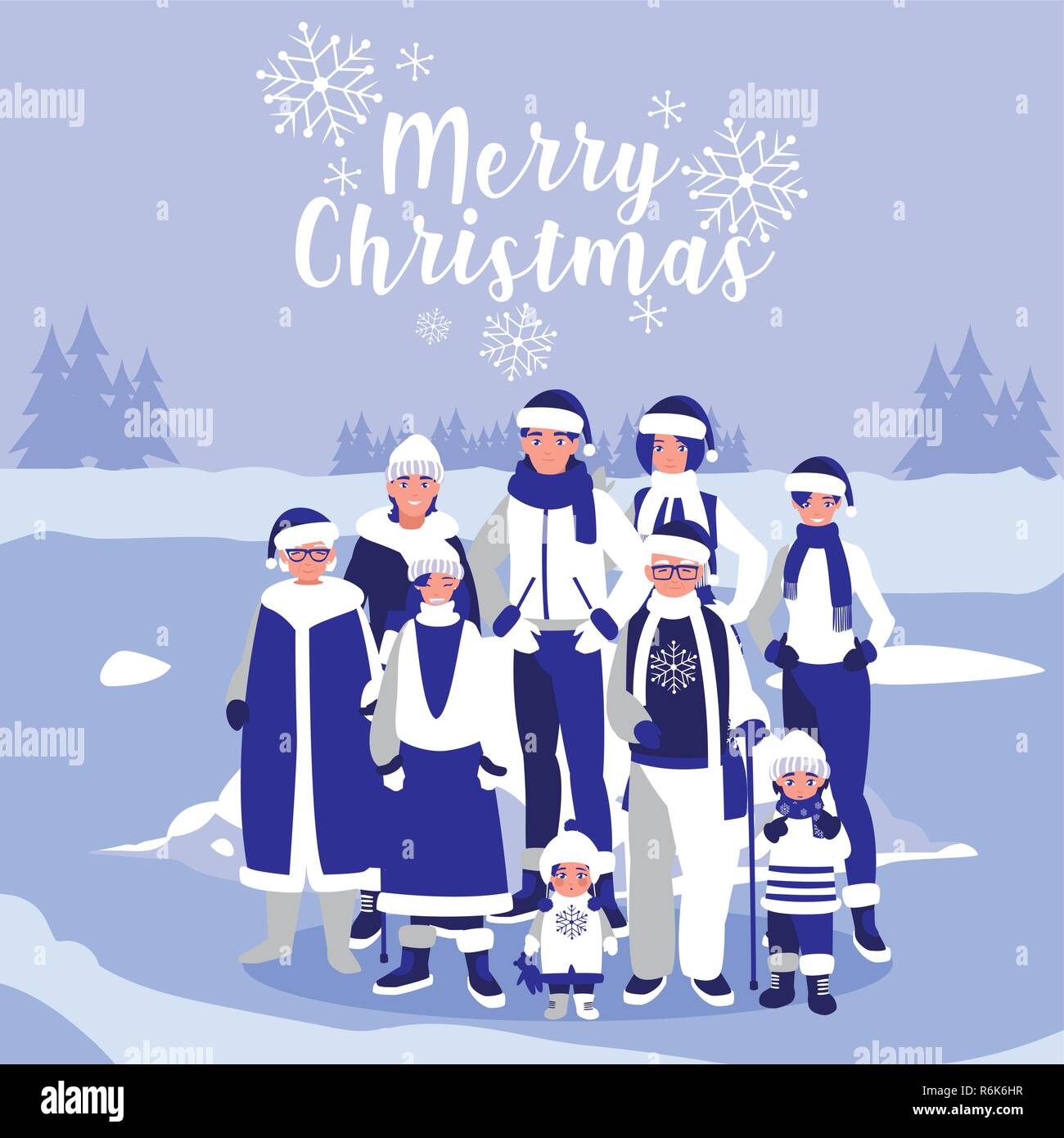 group of family with clothes christmas in winter landscape vector ...