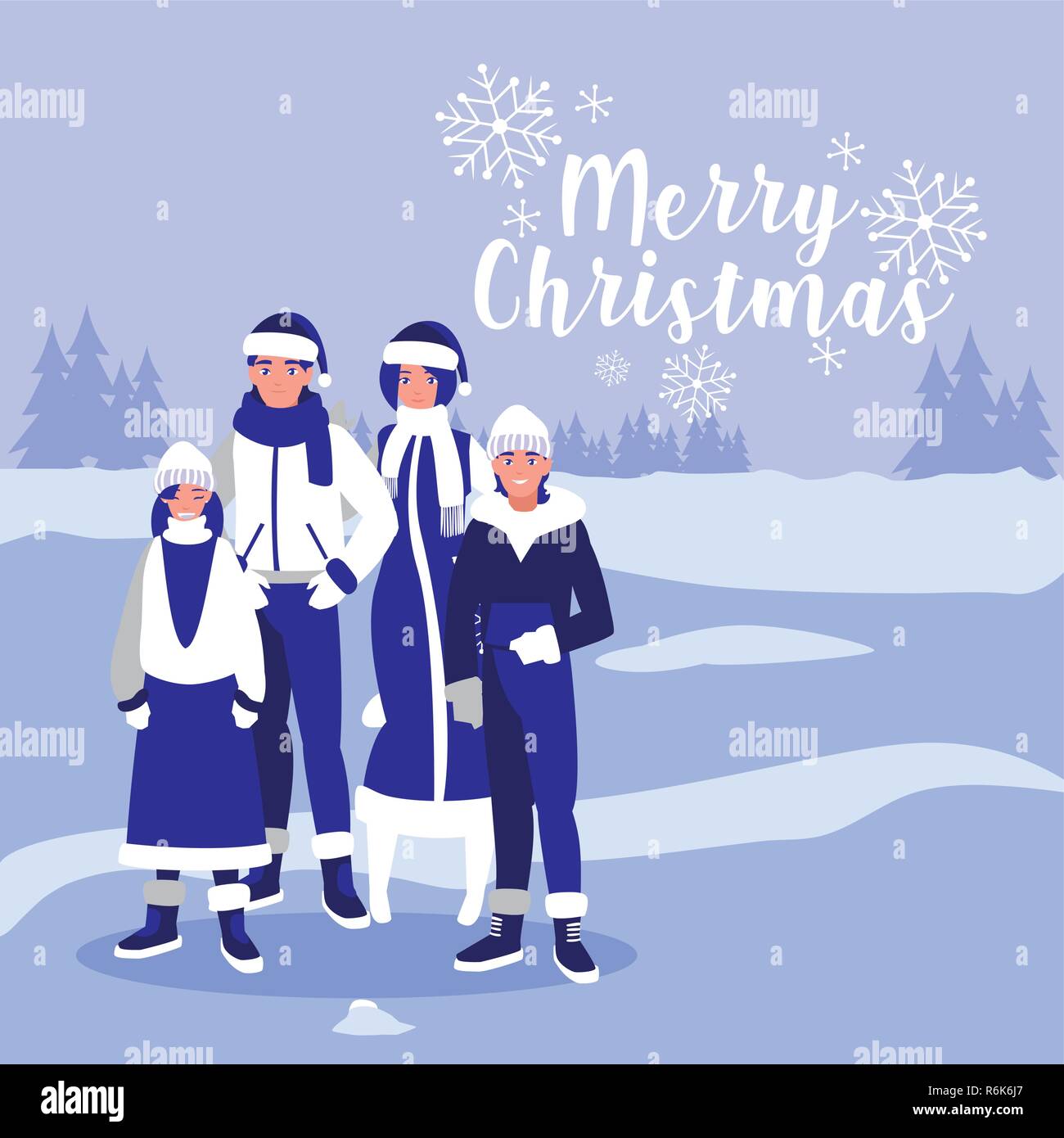 group of family with clothes christmas in winter landscape vector ...