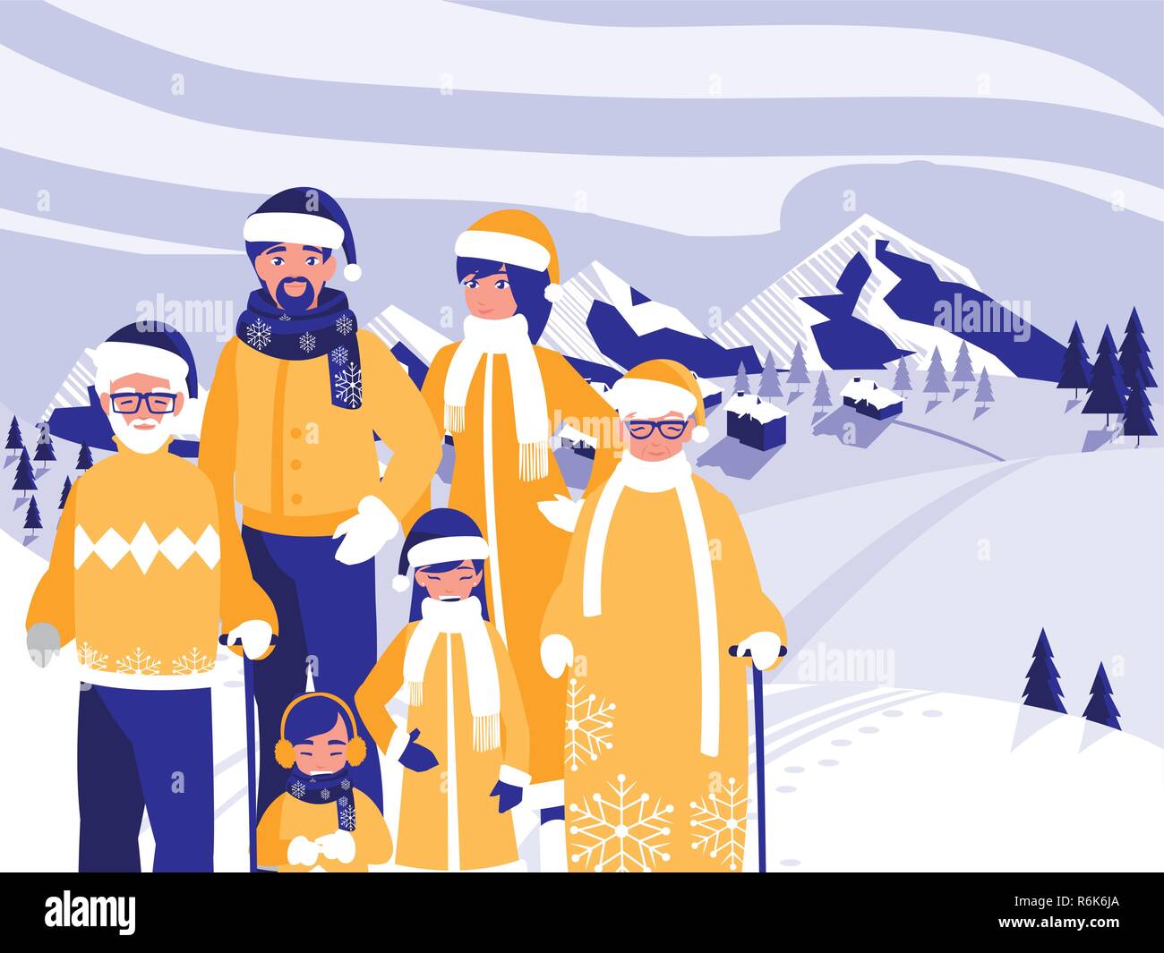 group of family with clothes christmas in winter landscape vector ...